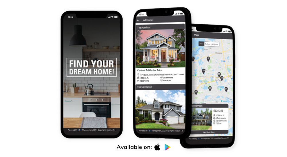 Three phone screens displaying a parade or tour of homes app available on Apple App and Google Play stores